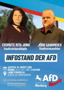 Infostand der AfD am 15. August 2026 in Nienburg mit Erdmute Rita Jung und Jörg Sandmeier