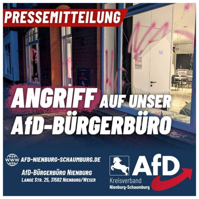 Erneuter Angriff auf unser AfD-Bürgerbüro in Nienburg 💥

Nienburg, 26. Mai 2026. In der Nacht zum Dienstag haben Unbekannte das AfD-Bürgerbüro in der Langen Straße 25 in Nienburg schwer beschädigt. Gegen 3 Uhr wurden mehrere Fensterscheiben großflächig eingeschlagen und dahinter befindliche Fernseher zerstört. Zudem wurde die Fassade mit den Worten "Nazi" und "Abschaum" beschmiert.

Wir werten diesen Vorfall als klaren Einschüchterungsversuch durch die Antifa. Es ist bereits die fünfte Sachbeschädigung an unserem Büro seit der Eröffnung im Oktober letzten Jahres. Wir gehen davon aus, dass unsere politischen Gegner aufgrund der bundesweit und lokal steigenden Umfragewerte unserer Partei zunehmend aggressiver agieren.

Dazu erklärt der Kreisvorsitzende Jonas Kallendorf: „Alle Mitglieder unseres Kreisverbandes sowie unsere zahlreichen Unterstützer in Nienburg stehen fest zusammen und lassen sich von solchen kriminellen Handlungen nicht entmutigen. Auch außerhalb unserer Partei führte dies bereits zu spontanen Solidaritätsbekundungen aus der arbeitenden Bevölkerung, die den Schaden in den frühen Morgenstunden in Augenschein nahm. Die Aktionen der selbsternannten ‚Antifaschisten‘ verfehlen ihre Wirkung deutlich und offenbaren ein eklatantes Defizit an demokratischem Grundverständnis.“

Micha Fehre, AfD-Bundestagsabgeordneter, dessen Wahlkreisbüro in das Bürgerbüro integriert ist, ergänzt: „Dieser feige Anschlag zeigt, dass die Gegenseite keine Argumente hat und sich nicht mehr weiterzuhelfen weiß, als mit Gewalt vorzugehen. Das lässt tief blicken.“

Der Vorfall hat keinerlei Auswirkungen auf unsere geplanten Stammtische und Versammlungen. Unsere regulären Öffnungszeiten bleiben uneingeschränkt bestehen. Da wir gegen derartige Vorfälle umfassend versichert sind, entsteht dem Kreisverband kein finanzieller Schaden. Die Schäden werden in Kürze professionell beseitigt.

Unser Dank gilt der Nienburger Polizei, die in der Nacht sehr schnell vor Ort war und umgehend Ermittlungsschritte eingeleitet hat.

Wir weisen auf den Zeugenaufruf der Polizei hin. Personen, die in der Nacht zu Dienstag verdächtige Beobachtungen im Bereich der Langen Straße gemacht haben, bitten wir, sich unter der Telefonnummer 05021 92120 direkt bei der Polizei Nienburg zu melden.

#AfD #nienburgweser #afdnienburg #schaumburg #AfDwählen