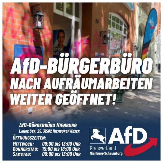 Unbeirrt im Einsatz: Bürgerbüro Nienburg nach Aufräumarbeiten weiter geöffnet

Nach dem Angriff auf unser Bürgerbüro in der Nacht zu Dienstag haben wir umgehend reagiert. Wir haben unsere politische Arbeit vor Ort zu keinem Zeitpunkt beeinträchtigen lassen – das Büro war zu keinem Zeitpunkt geschlossen.

Bereits am Dienstag erfolgten die erste Sicherung und Aufräumarbeiten in den Morgenstunden. Am Mittwoch haben engagierte Mitglieder unseres Kreisverbandes, insbesondere des Stadtverbandes Nienburg, angepackt und das Büro gemeinsam vollständig gereinigt. Die Notverglasung konnte ebenfalls abgeschlossen werden. So konnten wir unsere Erreichbarkeit ununterbrochen aufrechterhalten und den Betrieb ab Donnerstag auch räumlich weiter fortsetzen.

Wir möchten uns herzlich für die zahlreichen Zuschriften und die tatkräftige Unterstützung bedanken!

Gerade in Zeiten wie diesen wird deutlich: Echte Demokratie lebt von gegenseitigem Respekt und einem friedlichen Miteinander. Unterschiedliche Meinungen sind das Fundament einer freien Gesellschaft. Feige Gewalt und Sachbeschädigung, wie etwa durch selbsternannte „Antifaschisten“, haben darin keinen Platz.

Vielen Dank an alle Helfer und Unterstützer in- und außerhalb unserer Partei für ihren starken Einsatz!
Wir machen unbeirrt weiter! 🫡🇩🇪

Unsere regulären Öffnungszeiten und alle weiteren Informationen finden Sie auf unserer Website:
https://www.afd-nienburg-schaumburg.de/standorte/afd-buergerbuero-nienburg/

#AfD #Nienburg #AfDNienburg #Schaumburg #Bürgerbüro