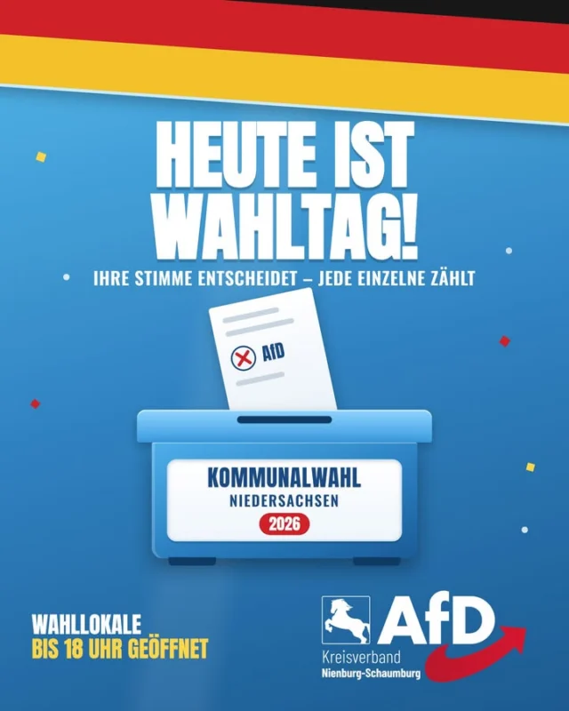 Heute ist Wahltag.
Jede Stimme zählt!

#AfD #Niedersachsen #kommunalwahl