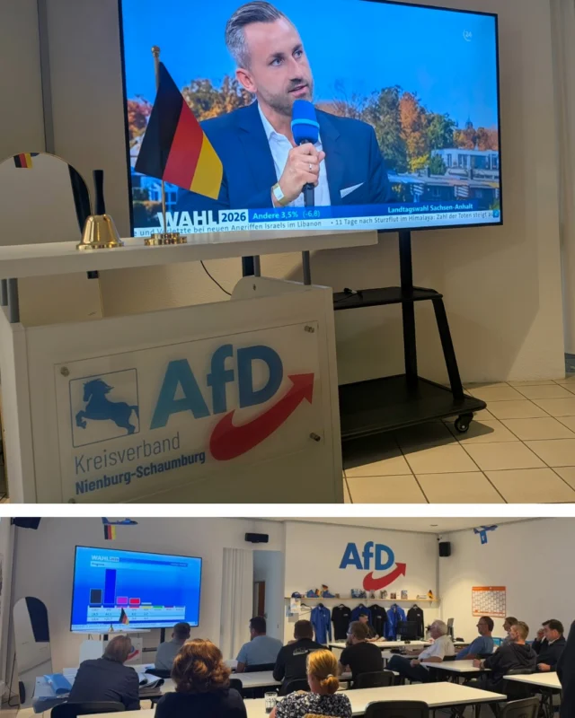 Herzlichen Glückwunsch nach Sachsen-Anhalt zu diesem starken Wahlergebnis! 💙🗳️

Viele unserer Mitglieder haben den Wahlabend gestern gespannt gemeinsam in unserem Büro in der Kreisstadt Nienburg verfolgt. Die Stimmung war grandios und als die Ergebnisse feststanden, haben wir natürlich stilecht mit blauem Sekt auf diesen großartigen Erfolg angestoßen! 🥂

Wir freuen uns mit euch und senden die besten Grüße - euer AfD Kreisverband Nienburg-Schaumburg!

#AfD #SachsenAnhalt #Nienburg #Schaumburg