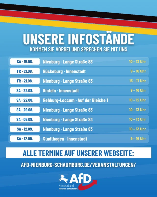 Kommen Sie vorbei: Unsere Infostände bis zur Kommunalwahl

Am Sonntag, den 13. September 2026, wird gewählt.

Bis dahin sind wir weiter in beiden Landkreisen unterwegs, und ab sofort finden Sie alle Termine gesammelt auf unserer Webseite:

afd-nienburg-schaumburg.de/veranstaltungen/

Die genauen Termine können in den Uhrzeiten varieren. Termine können hinzu kommen.

Für unsere Heimat!
AfD Nienburg-Schaumburg

#AfD #Nienburg #Schaumburg #AfDwählen